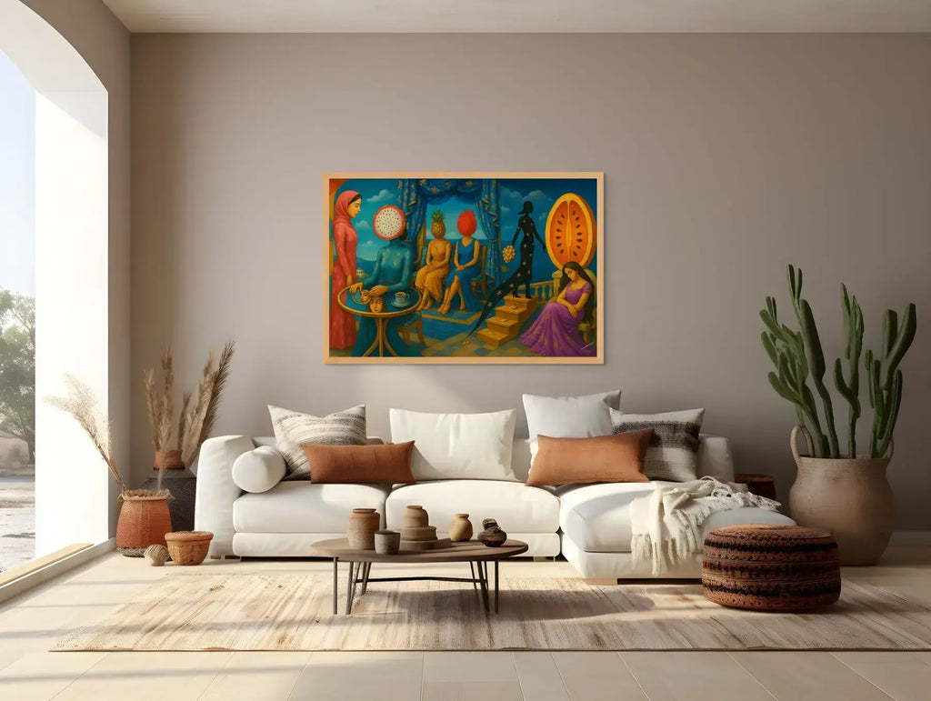 Fruit of Dreams fine art print – surreal fashion portrait with teal accents, shown in a modern lounge room.