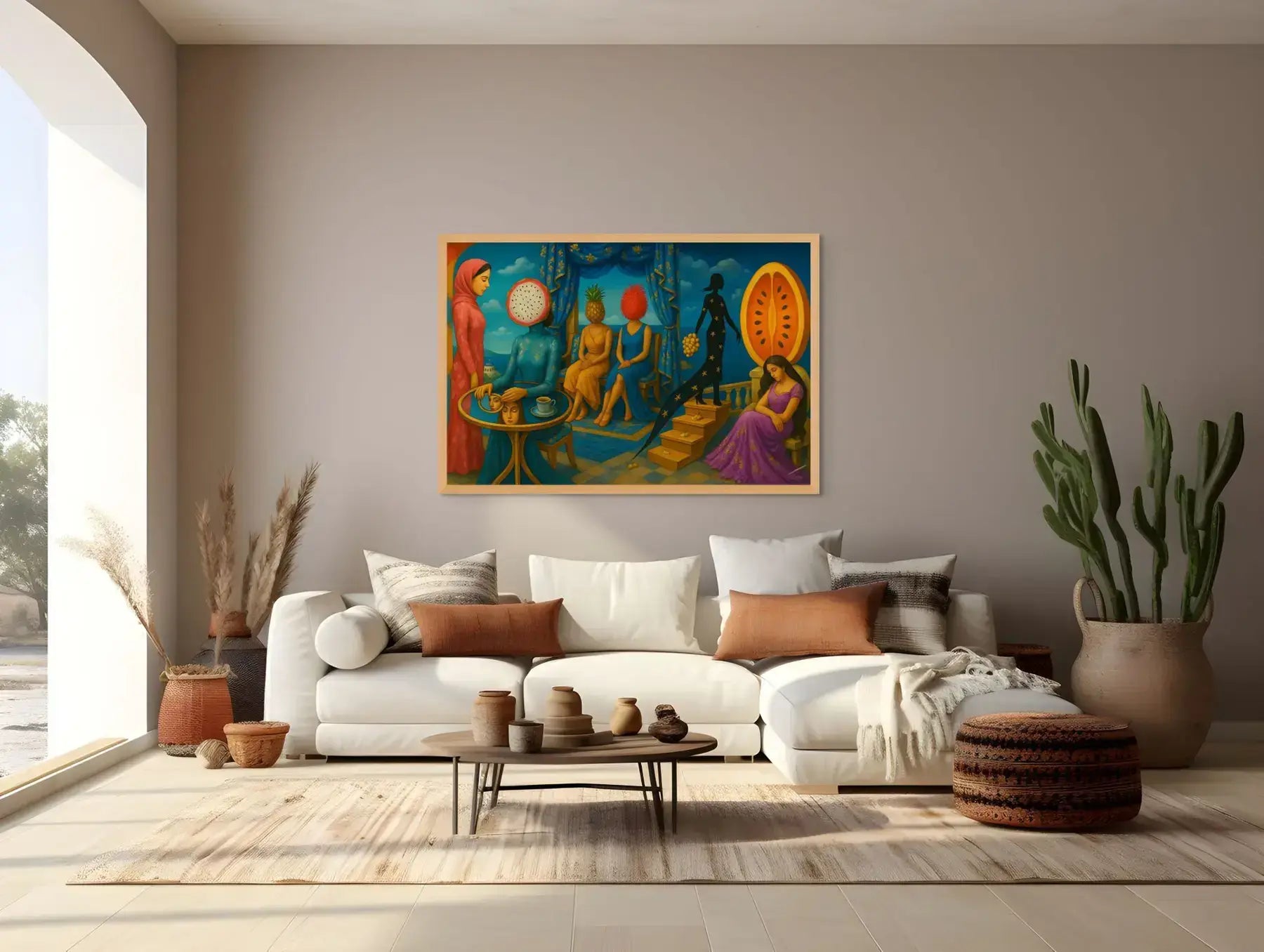 Fruit of Dreams fine art print – surreal fashion portrait with teal accents, shown in a modern lounge room.
