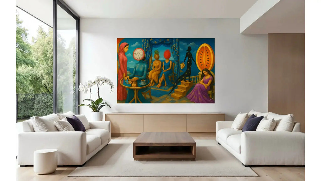 Fruit of Dreams fine art print – surreal fashion portrait with teal accents, shown in a modern lounge room.