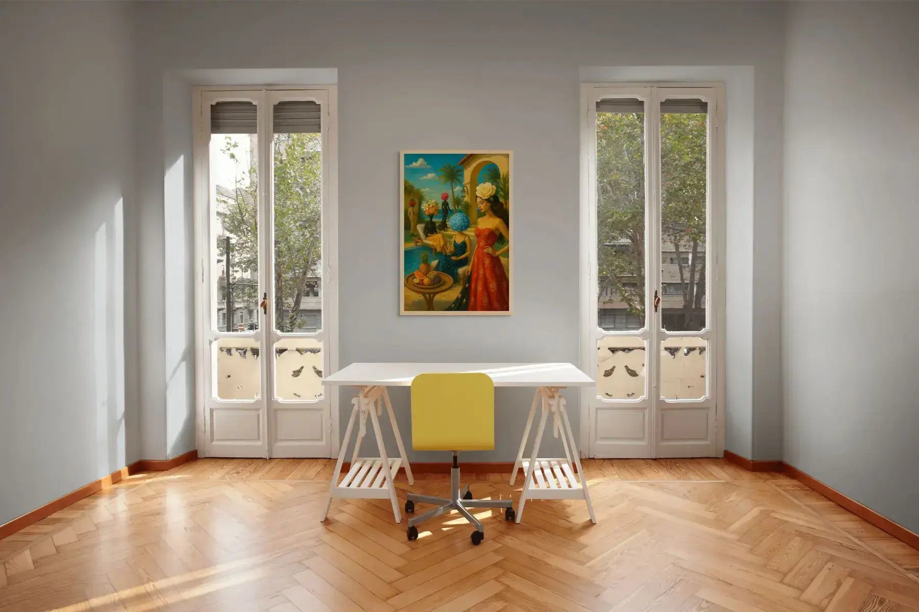 Garden Soiree fine art print – couture portrait with surreal symbolism, shown in a modern home office.