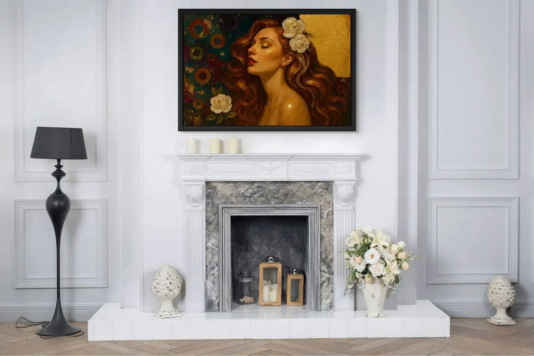 Gilded Serenity original painting – couture portrait with gold leaf detailing, shown in a modern interior.