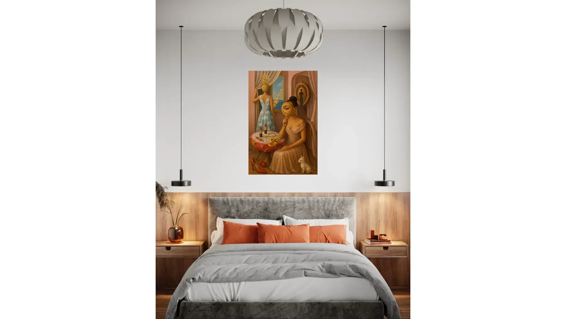 Through the Golden Haze fine art print – couture portrait with surreal symbolism, shown in a modern bedroom.