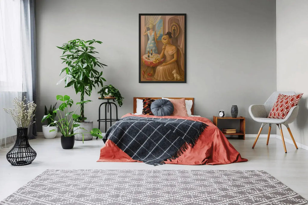 Through the Golden Haze fine art print – couture portrait with surreal symbolism, shown in a modern bedroom.