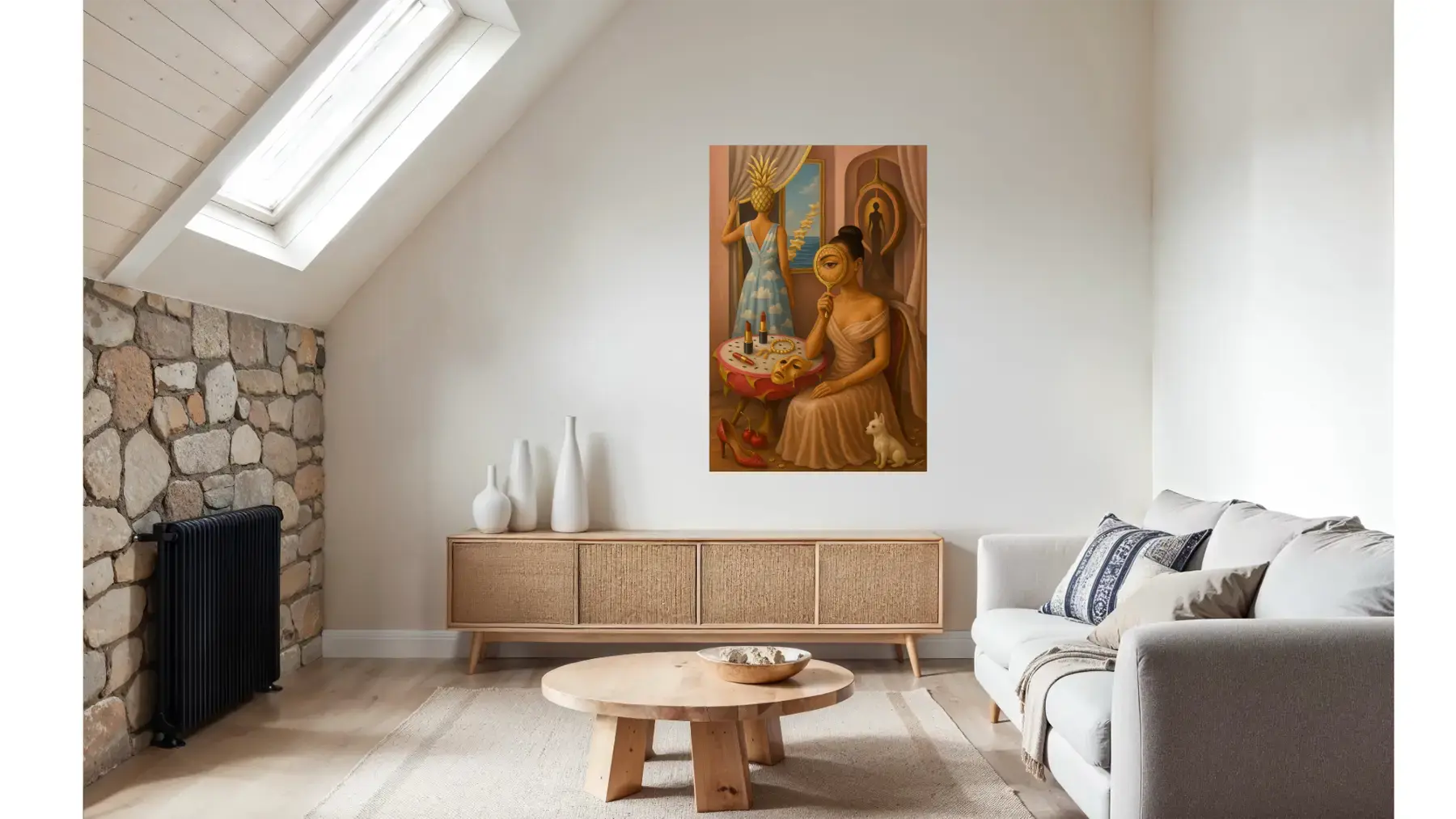 Through the Golden Haze fine art print – couture portrait with surreal symbolism, shown in a modern living room.