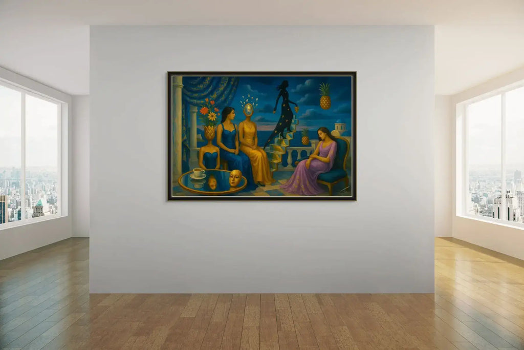 Golden Steps to Nowhere fine art print – couture portrait with surreal symbolism, shown in a modern interior.