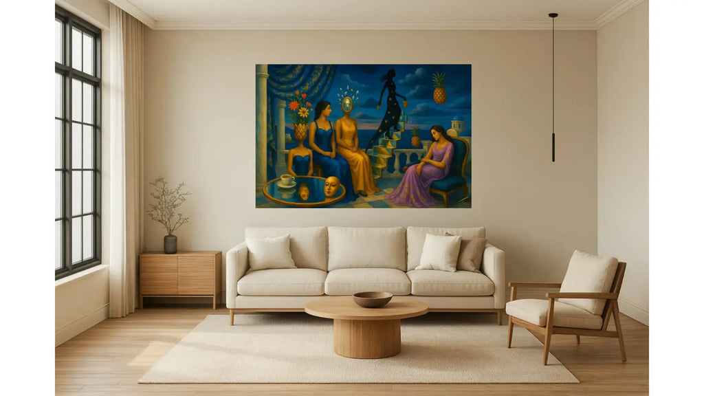 Golden Steps to Nowhere fine art print – couture portrait with surreal symbolism, shown in a modern living room.