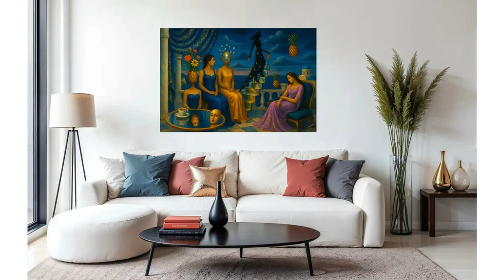 Golden Steps to Nowhere fine art print – couture portrait with surreal symbolism, shown in a modern living room.