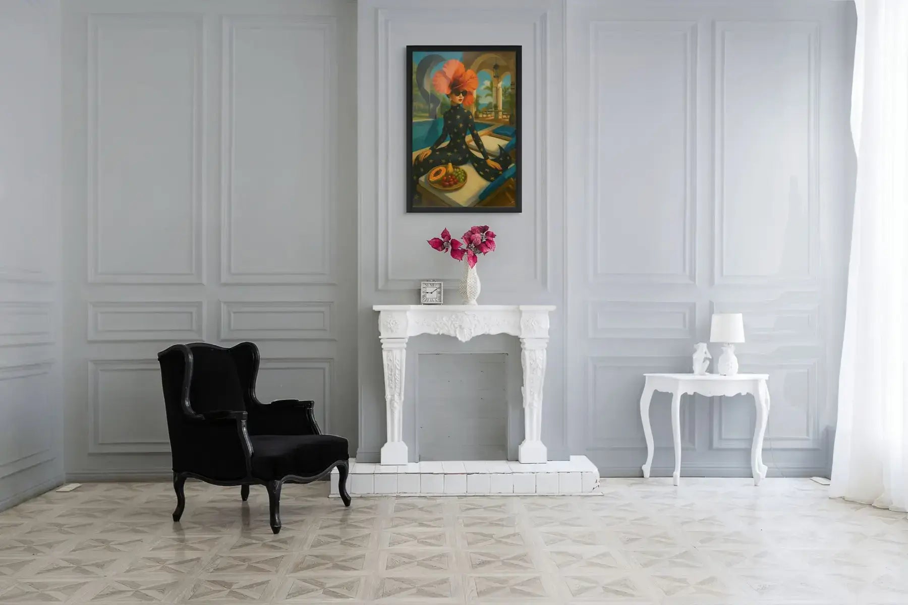 Hibiscus Reverie fine art print – surreal fashion portrait with dramatic florals, shown in a modern interior.