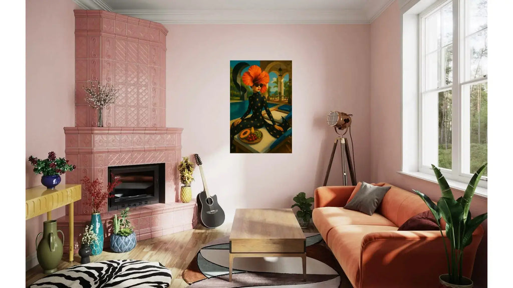 Hibiscus Reverie fine art print – surreal fashion portrait with dramatic florals, shown in a modern living room.