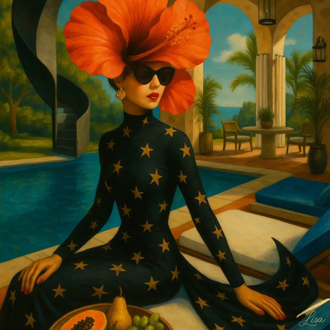 Hibiscus Reverie fine art print – surreal fashion portrait with dramatic florals and surreal symbolism.