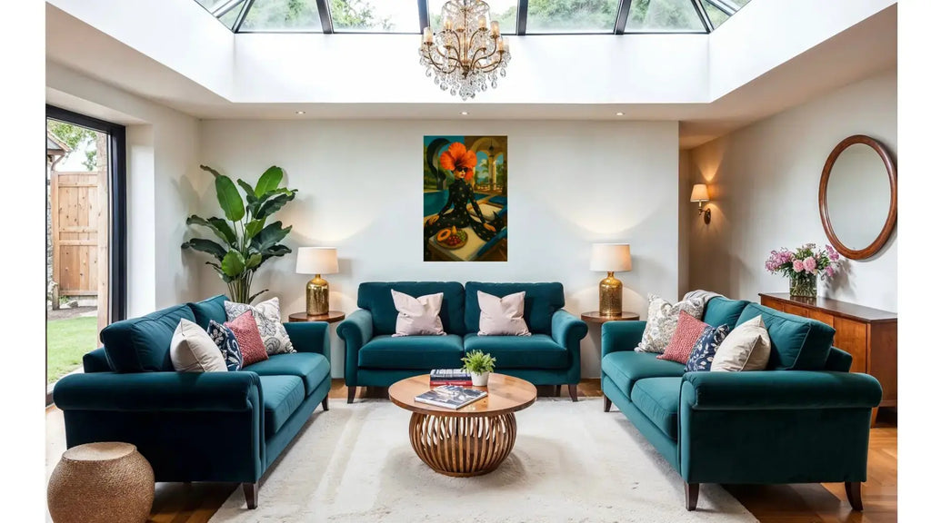 Hibiscus Reverie fine art print – surreal fashion portrait with dramatic florals, shown in a modern living room.