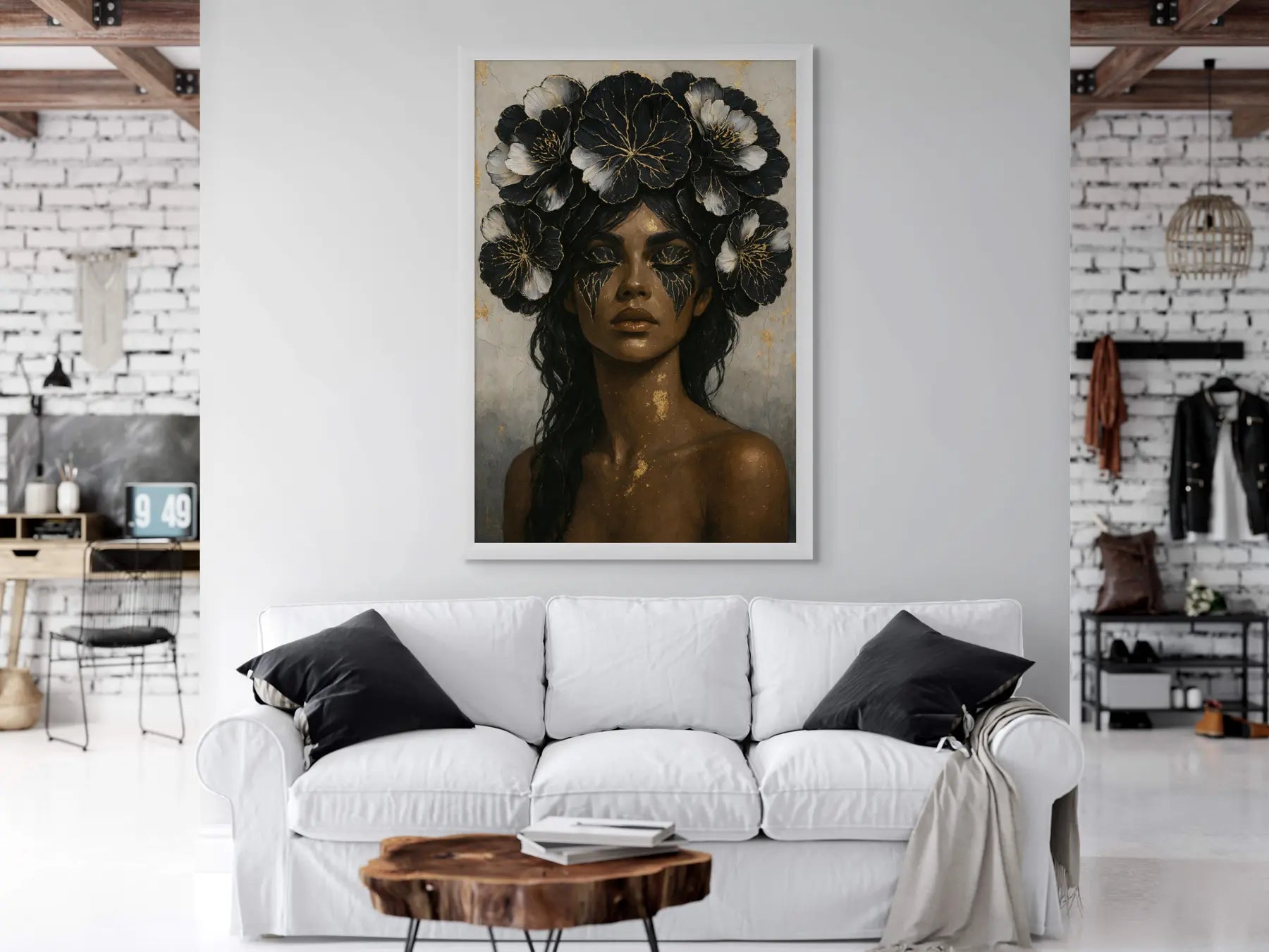 Dark floral portrait artwork displayed above white sofa in a bright modern living room