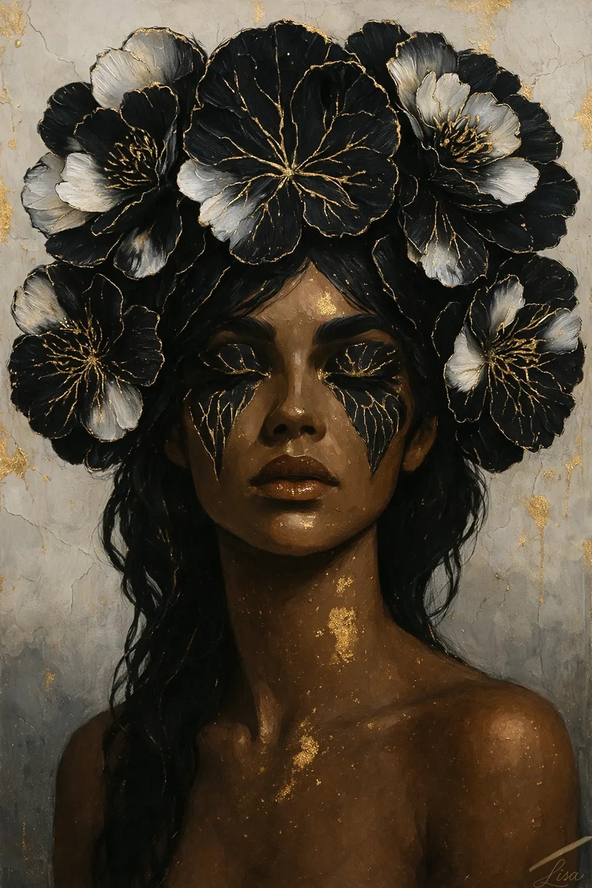 Luxury dark floral portrait artwork featuring a woman with black flowers and subtle gold accents