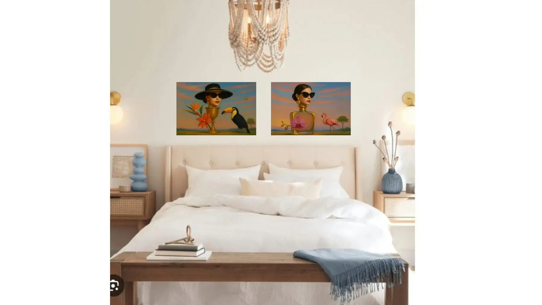 Orchid Essence fine art print – floral couture portrait with dramatic florals and surreal symbolism, shown in a modern bedroom.