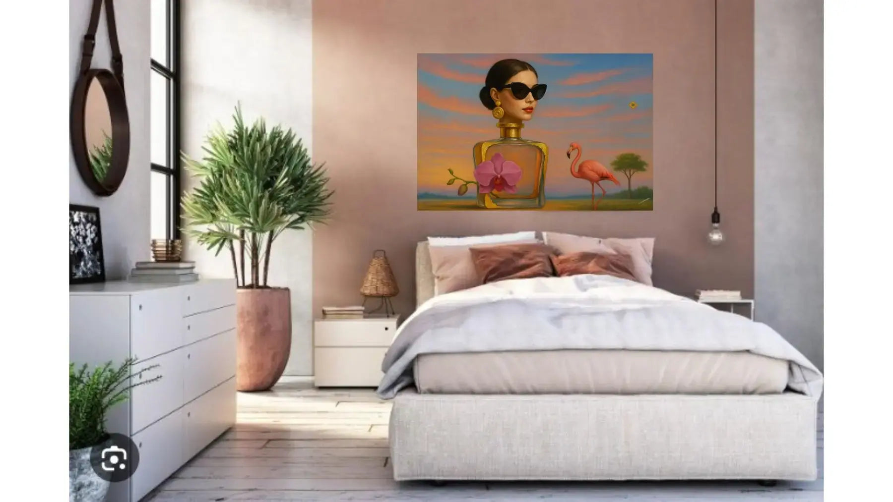 Orchid Essence fine art print – floral couture portrait with dramatic florals and surreal symbolism, shown in a modern bedroom.