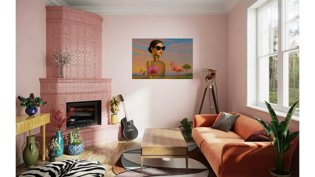 Orchid Essence fine art print – floral couture portrait with dramatic florals, shown in a modern living room.