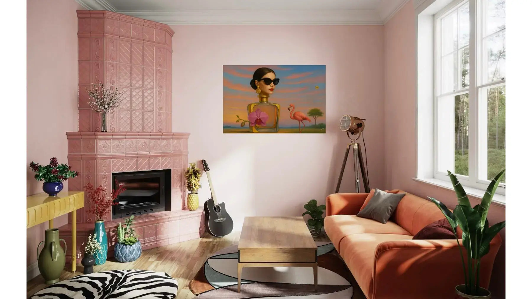 Orchid Essence fine art print – floral couture portrait with dramatic florals, shown in a modern living room.