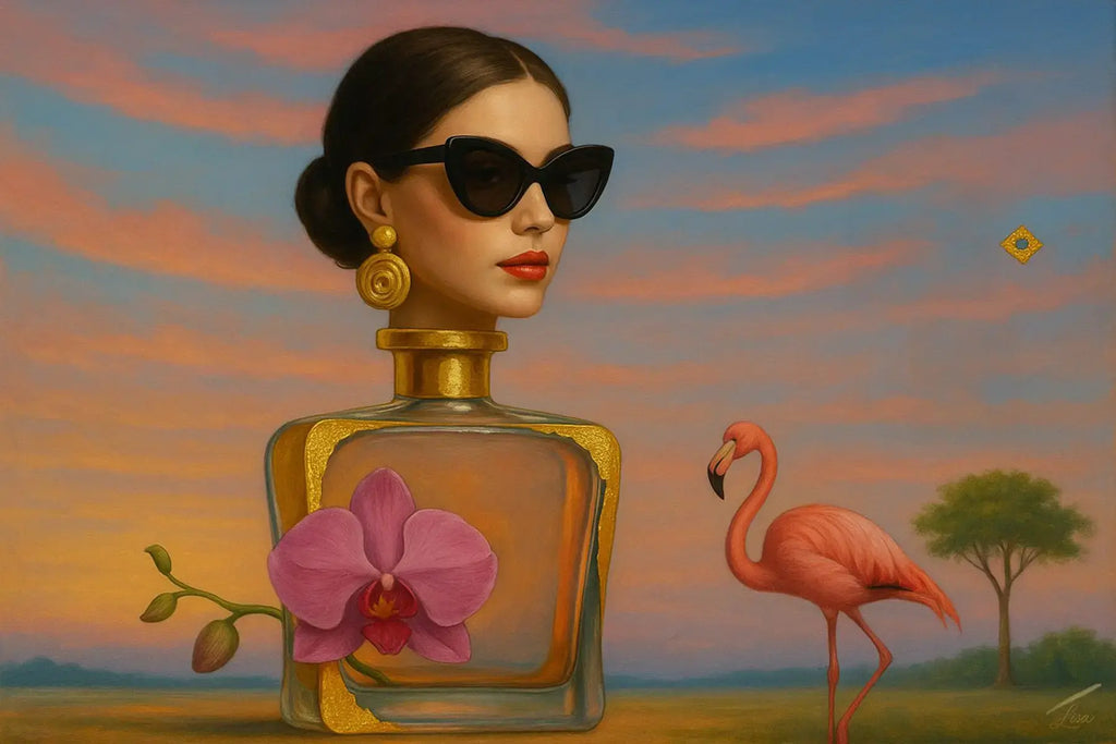 Orchid Essence fine art print – floral couture portrait with dramatic florals and surreal symbolism.