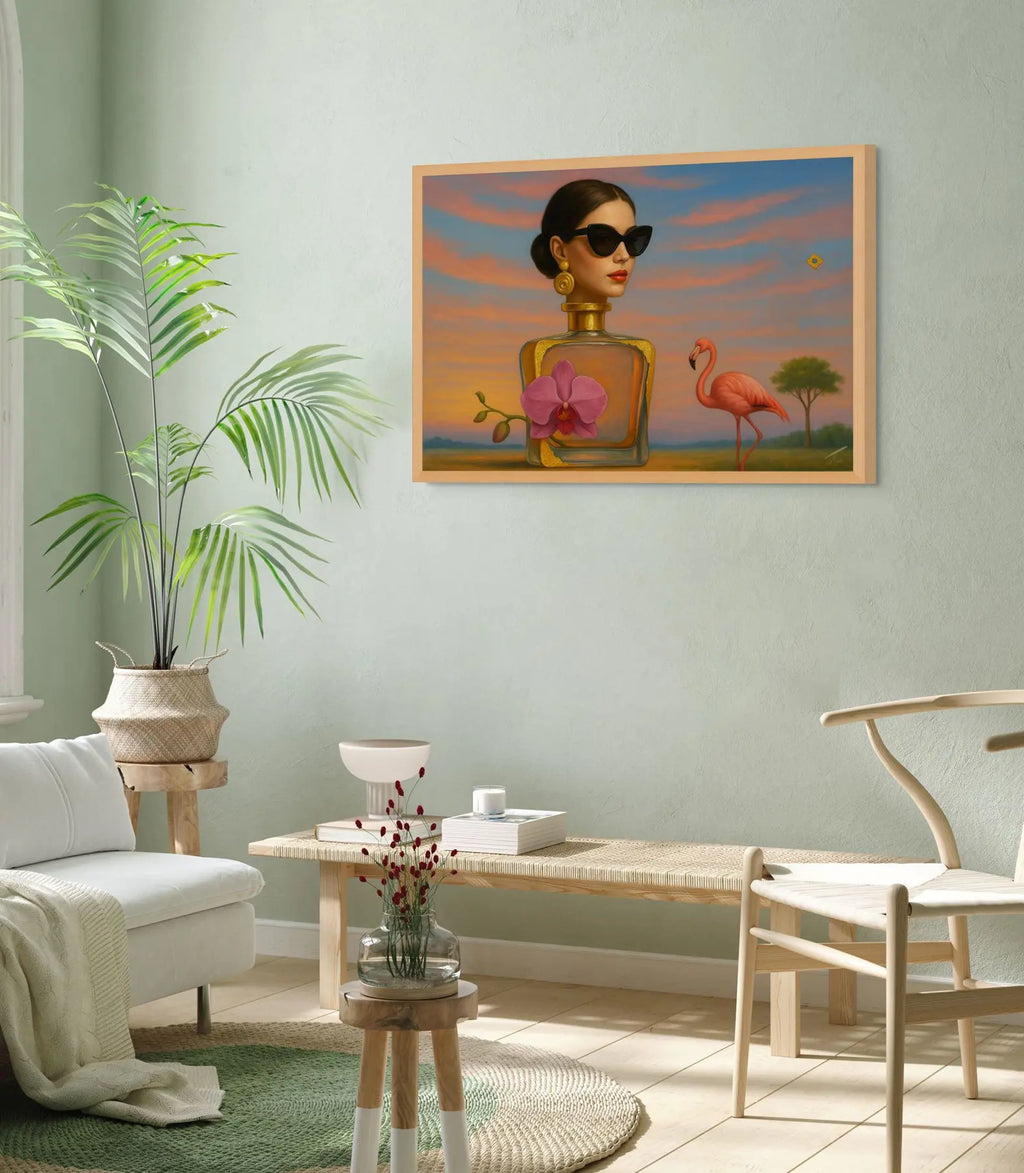 Orchid Essence fine art print – floral couture portrait with dramatic florals and surreal symbolism, shown in a modern interior.