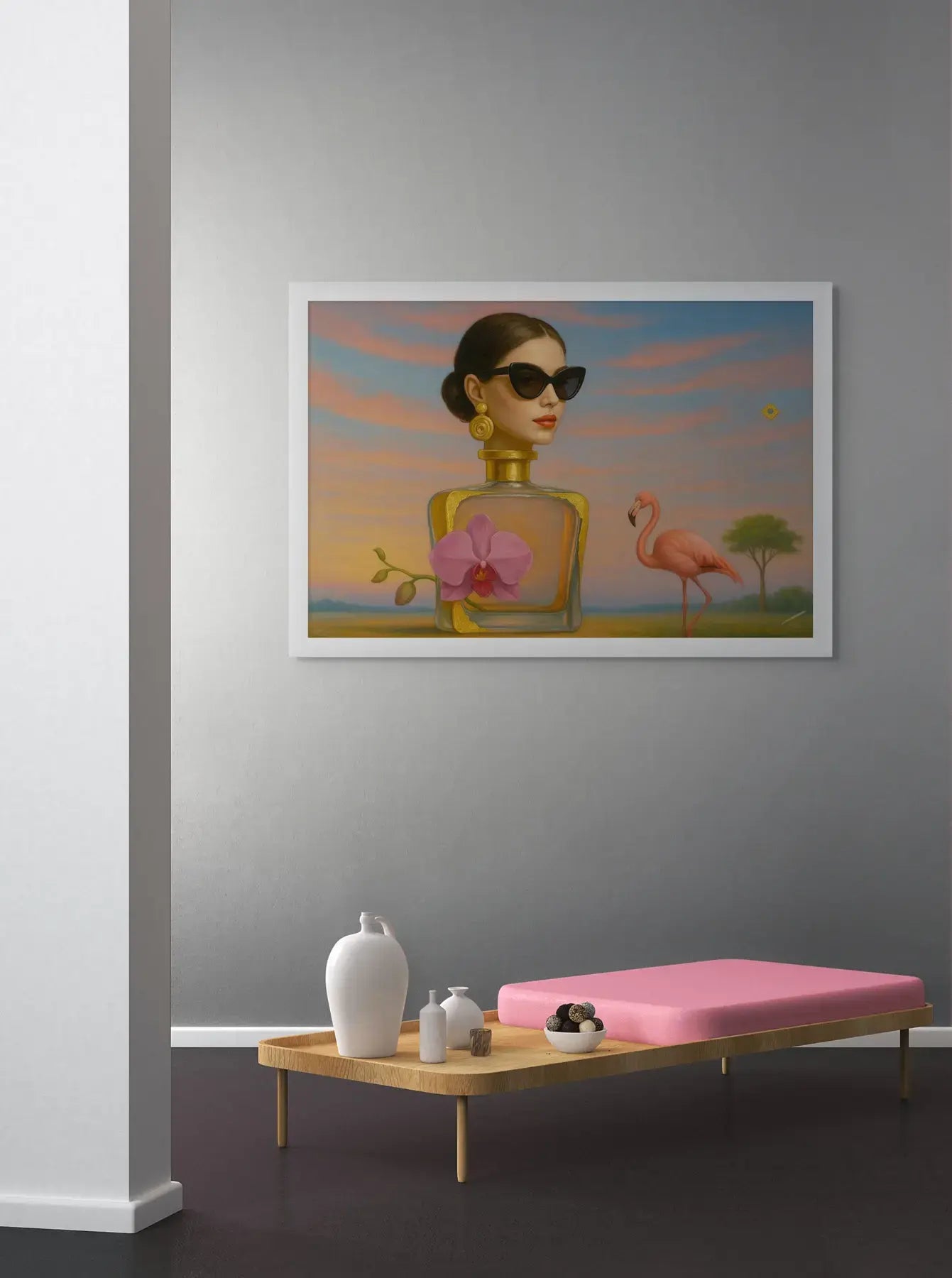 Orchid Essence fine art print – floral couture portrait with dramatic florals and surreal symbolism, shown in a modern interior.