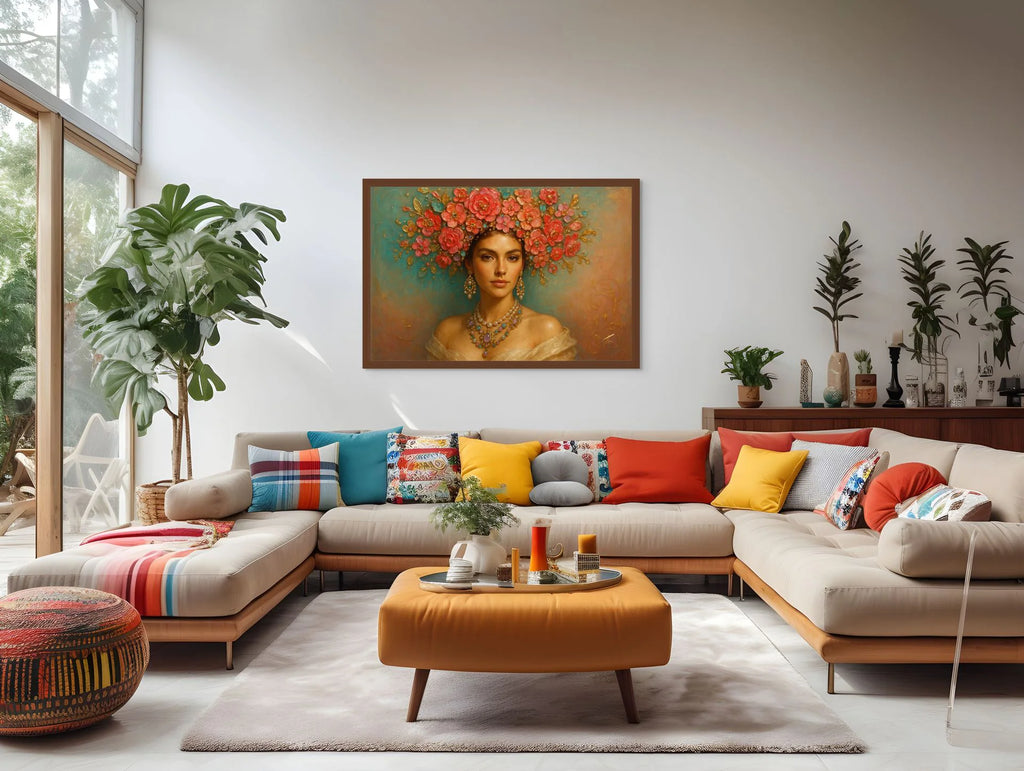 Rose Diadem fine art print – floral couture portrait with teal accents and dramatic florals.