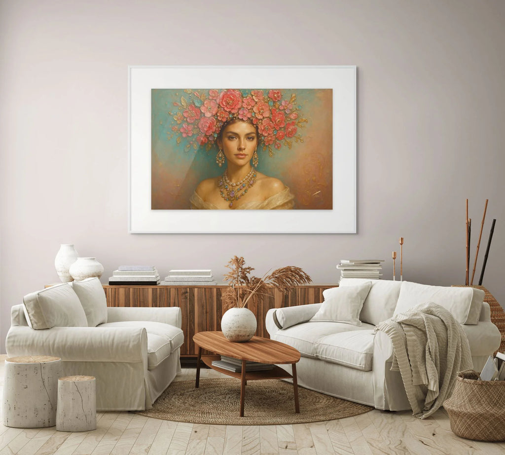 Rose Diadem fine art print – floral couture portrait with teal accents and dramatic florals, shown in a modern lounge room.