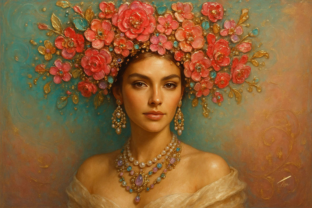 Rose Diadem luxury fine art print – coral floral couture portrait with teal accents and dramatic florals with statement earrings and necklace.