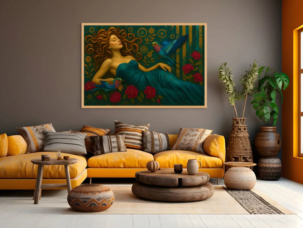 Serenade in Teal fine art print – floral couture portrait with teal accents and dramatic florals, shown in a modern lounge room.