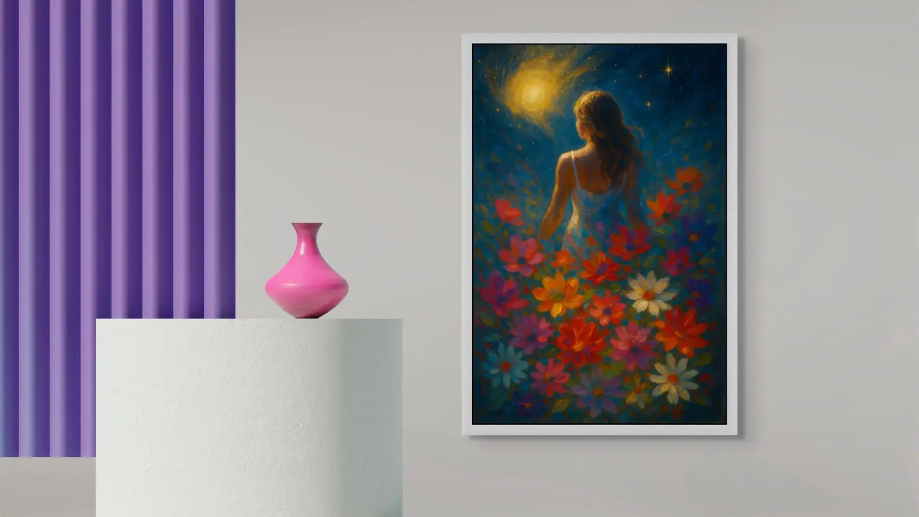 Stellar Petals fine art print – floral couture portrait with dramatic florals, shown in a modern interior.