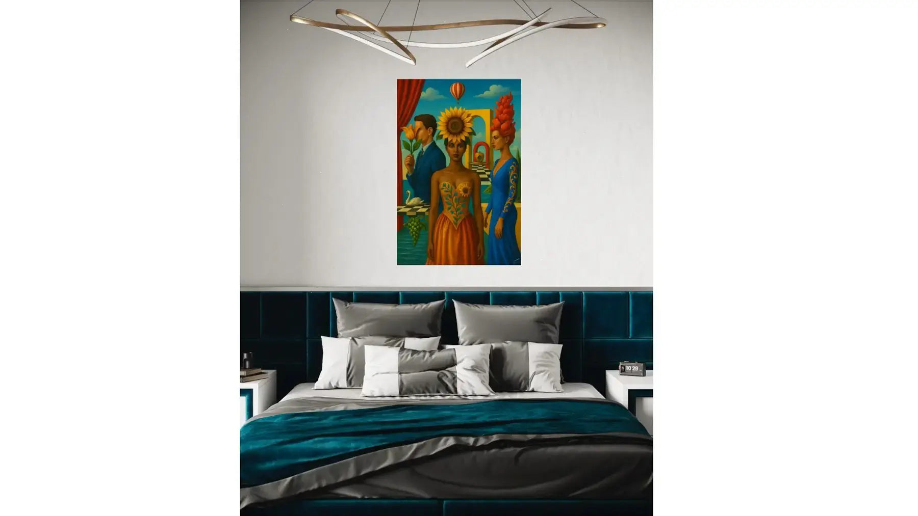The Bloom Between Worlds fine art print – couture floral artwork with surreal symbolism, shown in a modern bedroom.