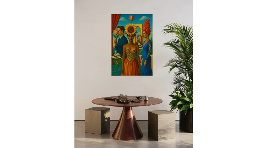 The Bloom Between Worlds fine art print – couture floral artwork with surreal symbolism, shown in a modern dining room.