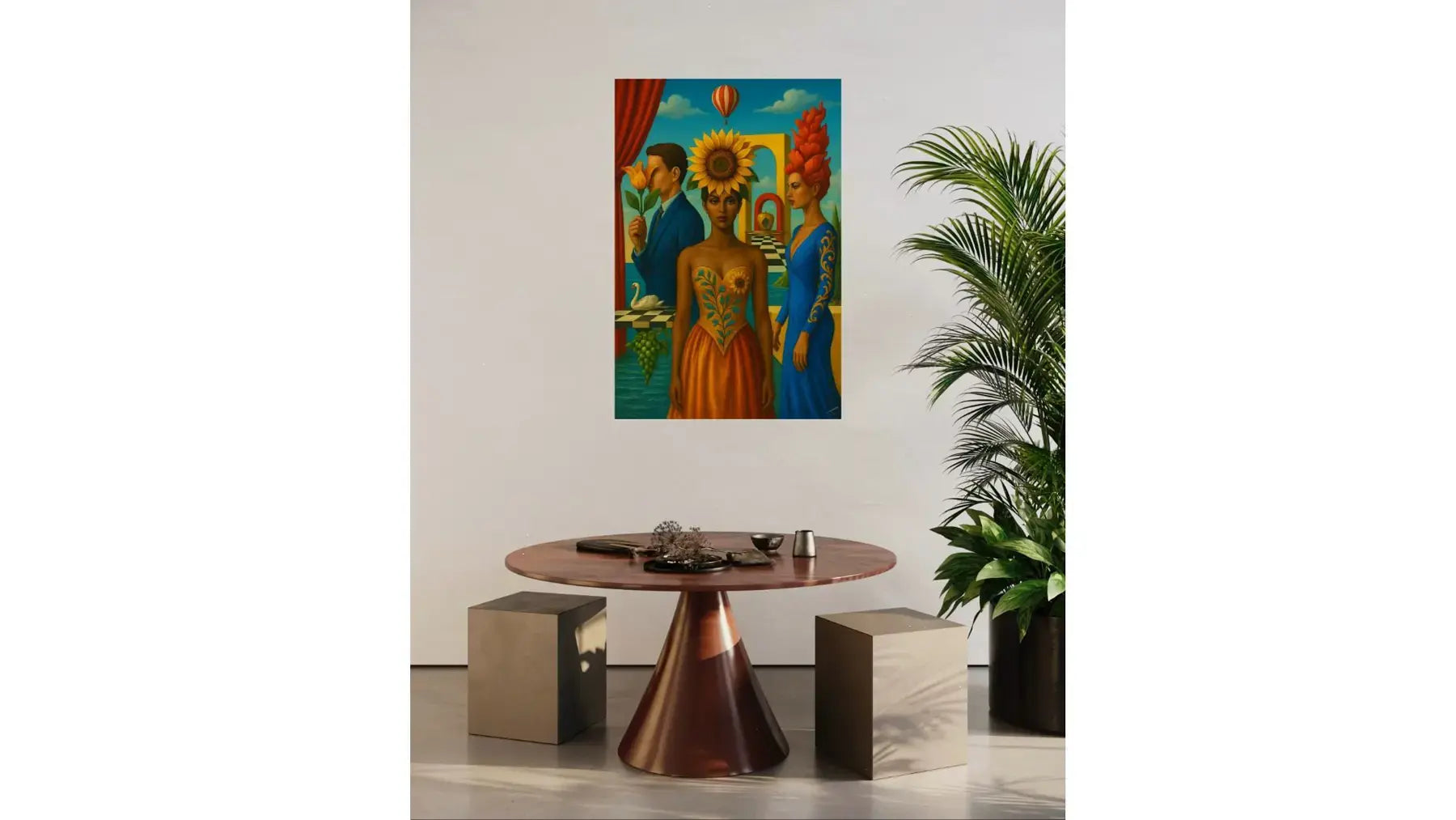 The Bloom Between Worlds fine art print – couture floral artwork with surreal symbolism, shown in a modern dining room.