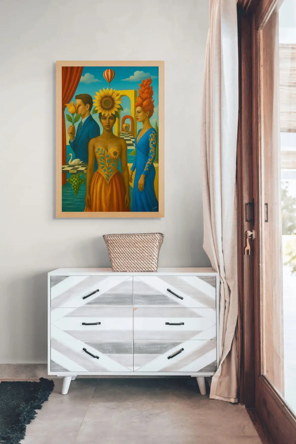 The Bloom Between Worlds fine art print – couture floral artwork with surreal symbolism, shown in a modern interior.