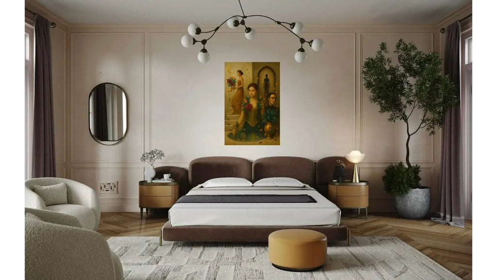 The Keeper of Quiet Truths fine art print – couture portrait with surreal symbolism, shown in a modern bedroom.