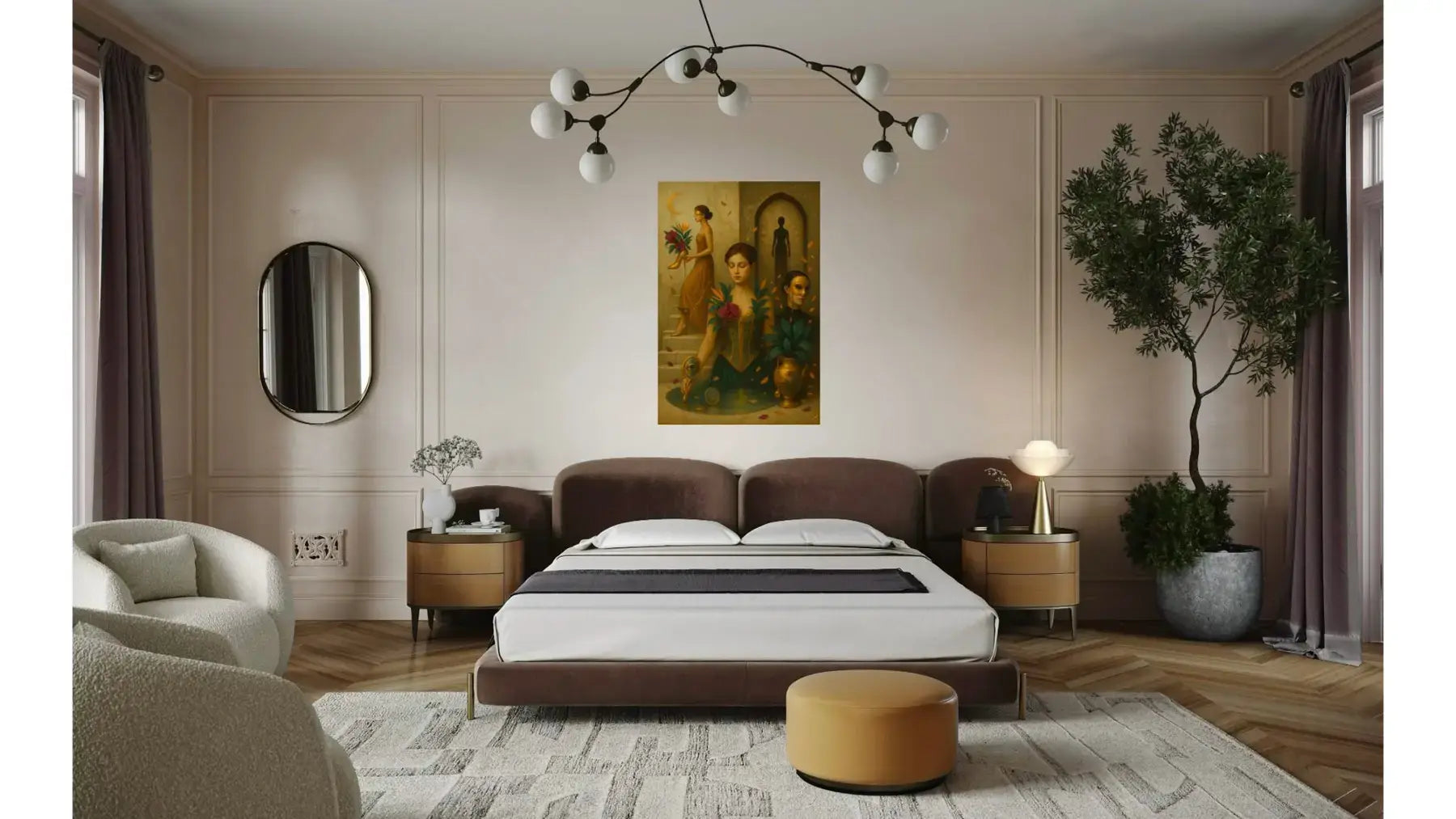The Keeper of Quiet Truths fine art print – couture portrait with surreal symbolism, shown in a modern bedroom.