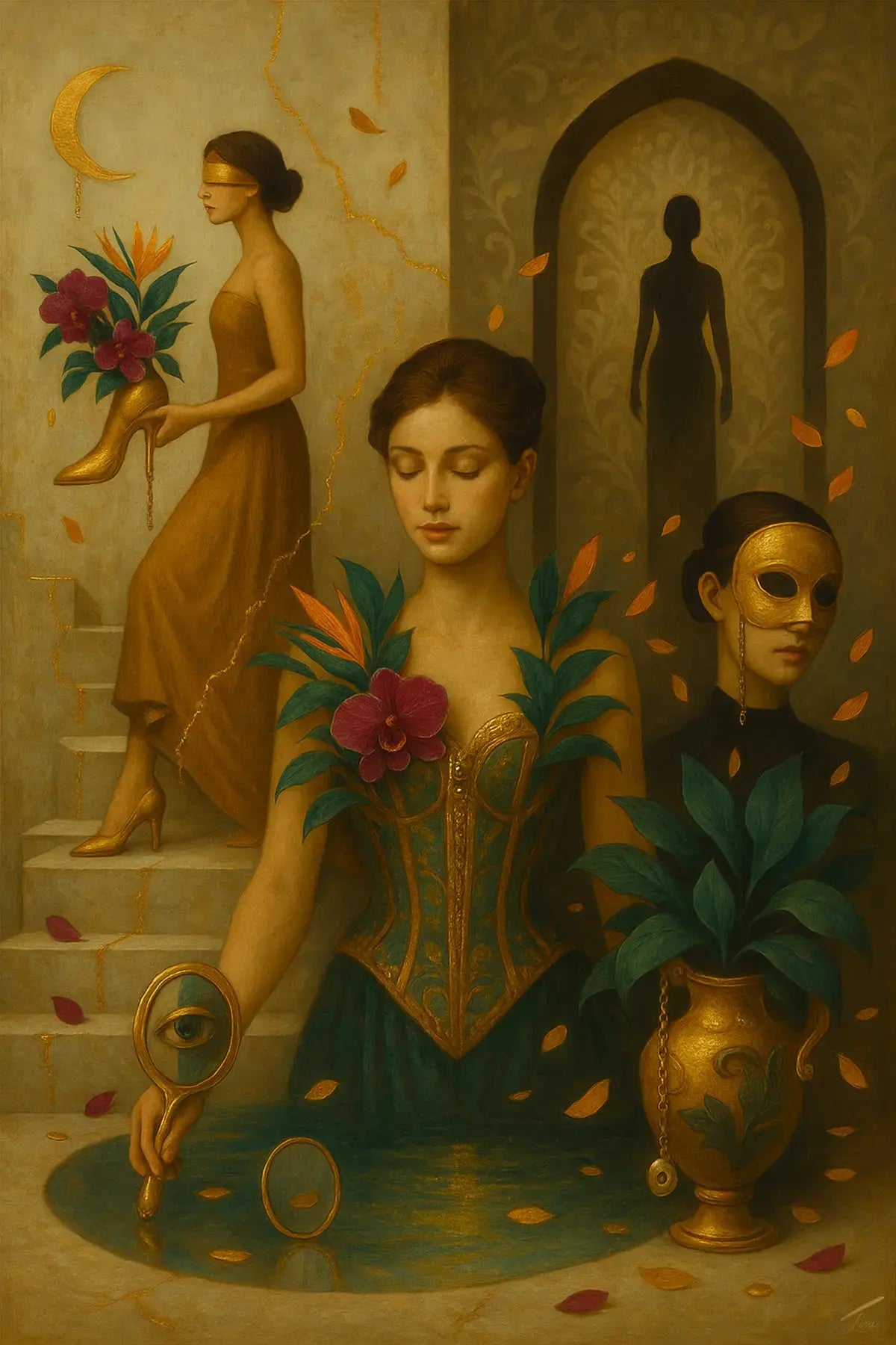 The Keeper of Quiet Truths fine art print – couture portrait with surreal symbolism.