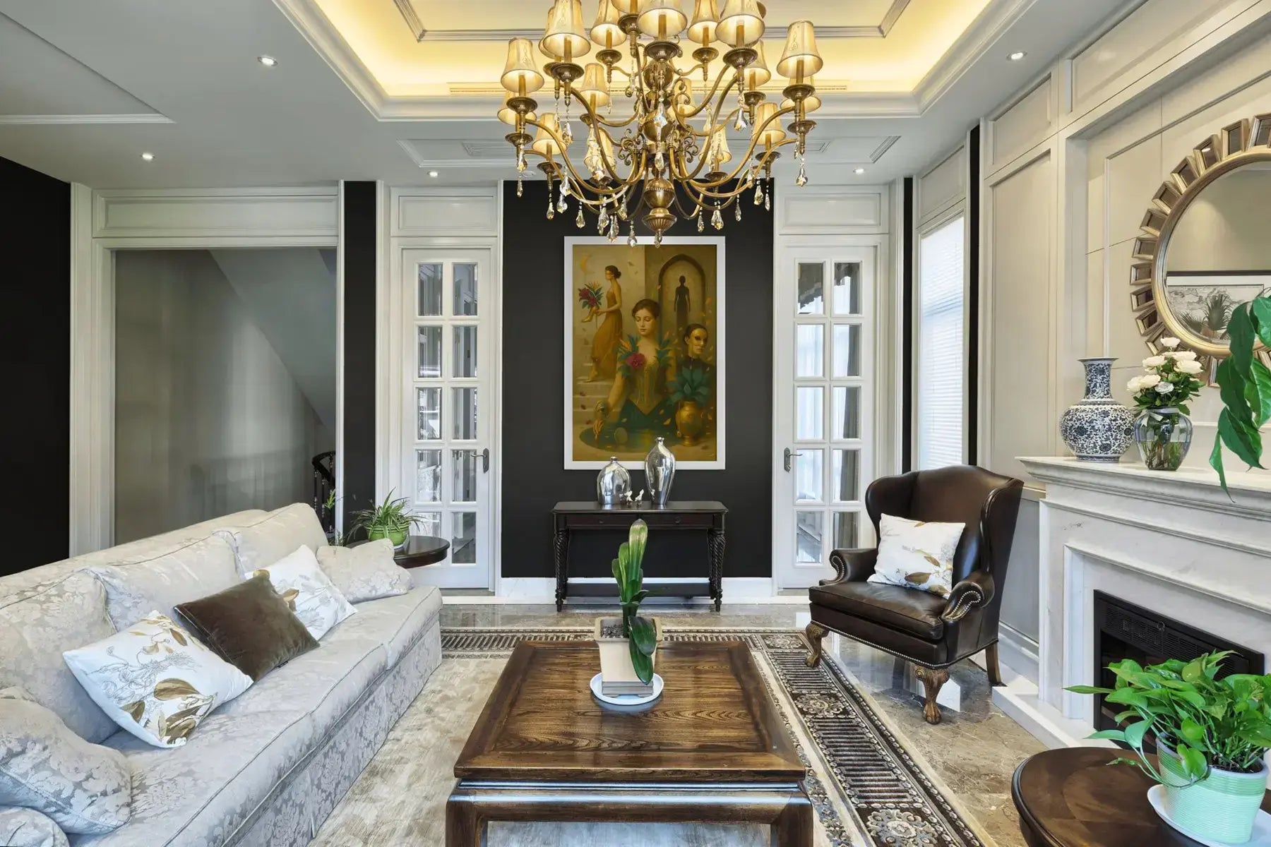 The Keeper of Quiet Truths fine art print – couture portrait with surreal symbolism, shown in a modern lounge room.