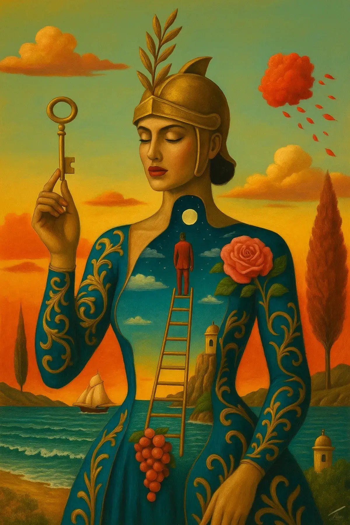 The Keyholders Reverie fine art print – surreal fashion portrait with surreal symbolism.