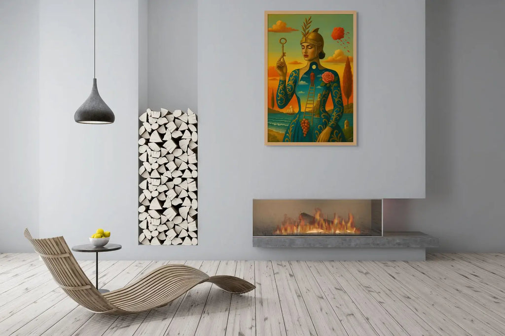 The Keyholders Reverie fine art print – surreal fashion portrait with surreal symbolism, shown in a modern interior.