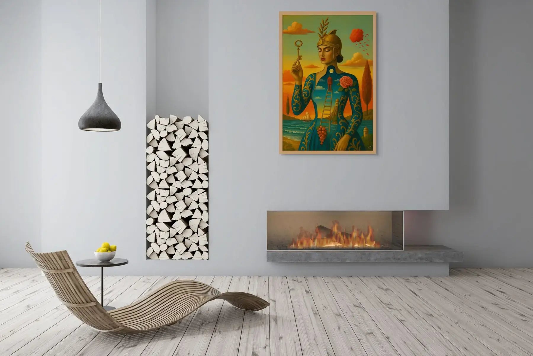 The Keyholders Reverie fine art print – surreal fashion portrait with surreal symbolism, shown in a modern interior.