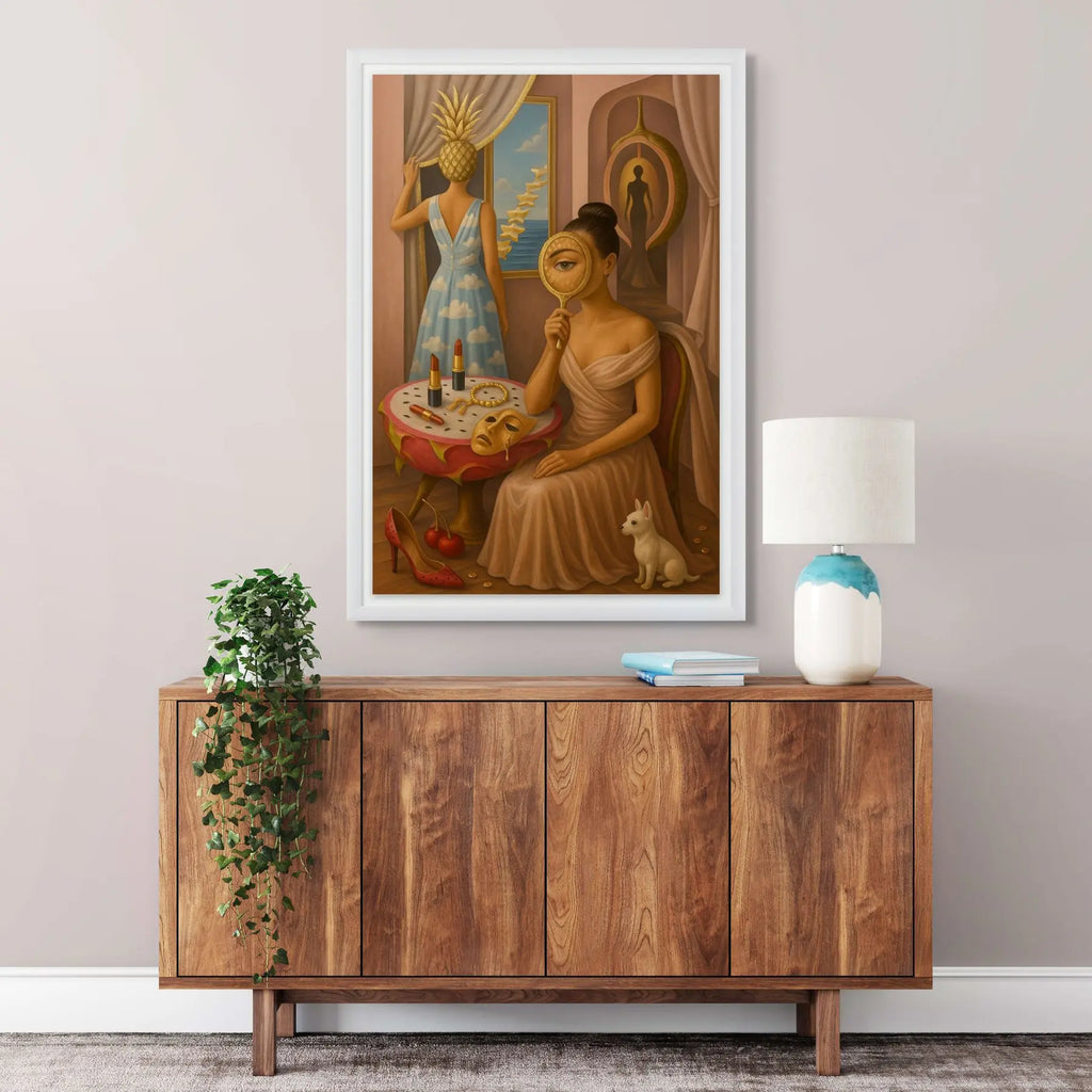Through the Golden Haze fine art print – couture portrait with surreal symbolism, shown in a modern interior.