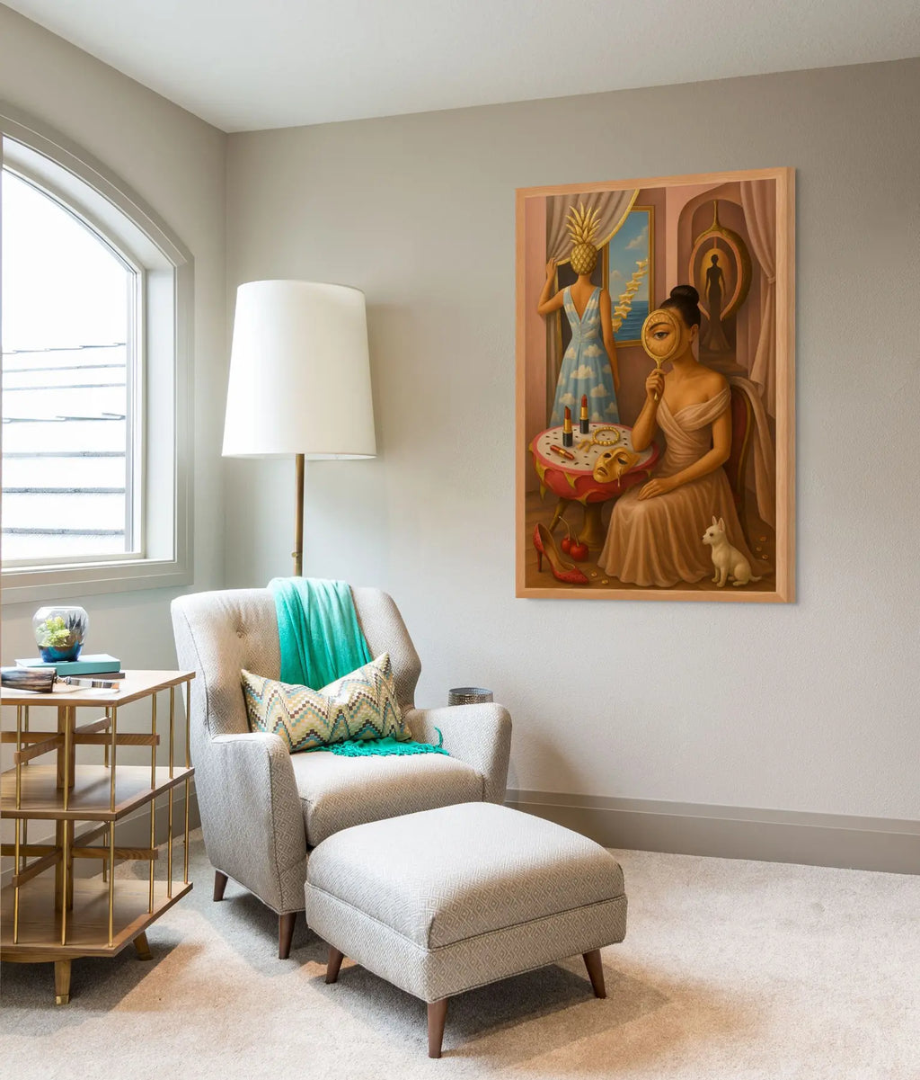 Through the Golden Haze fine art print – couture portrait with surreal symbolism, shown in a modern lounge room.