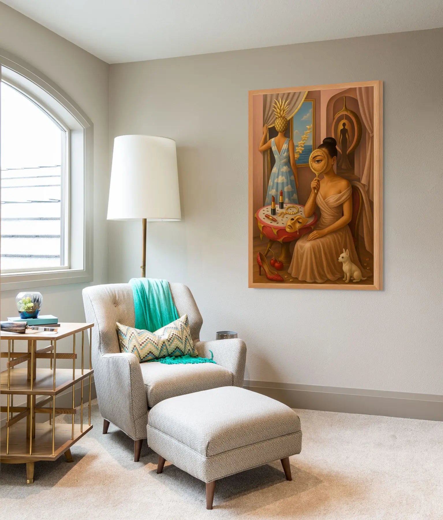 Through the Golden Haze fine art print – couture portrait with surreal symbolism, shown in a modern lounge room.