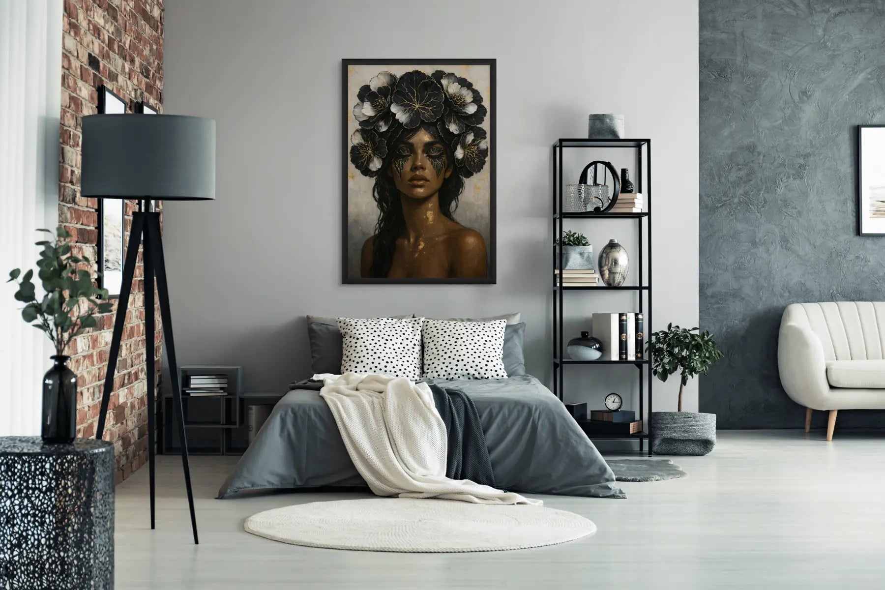 Dark floral portrait wall art displayed above bed in a modern bedroom with neutral tones