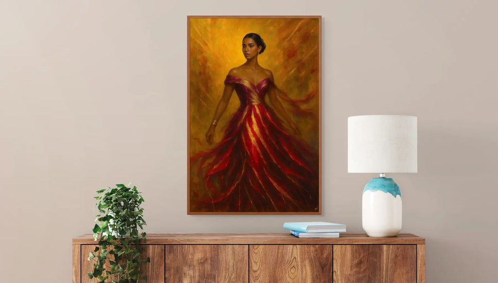 Original painting of a Halo Bloomin a red dress on a wall above a wooden console table with a lamp and books.