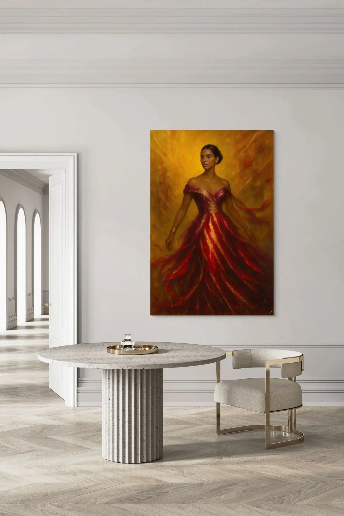 Painting of a radiant ember in a red dress on a wall above a modern table and chair.