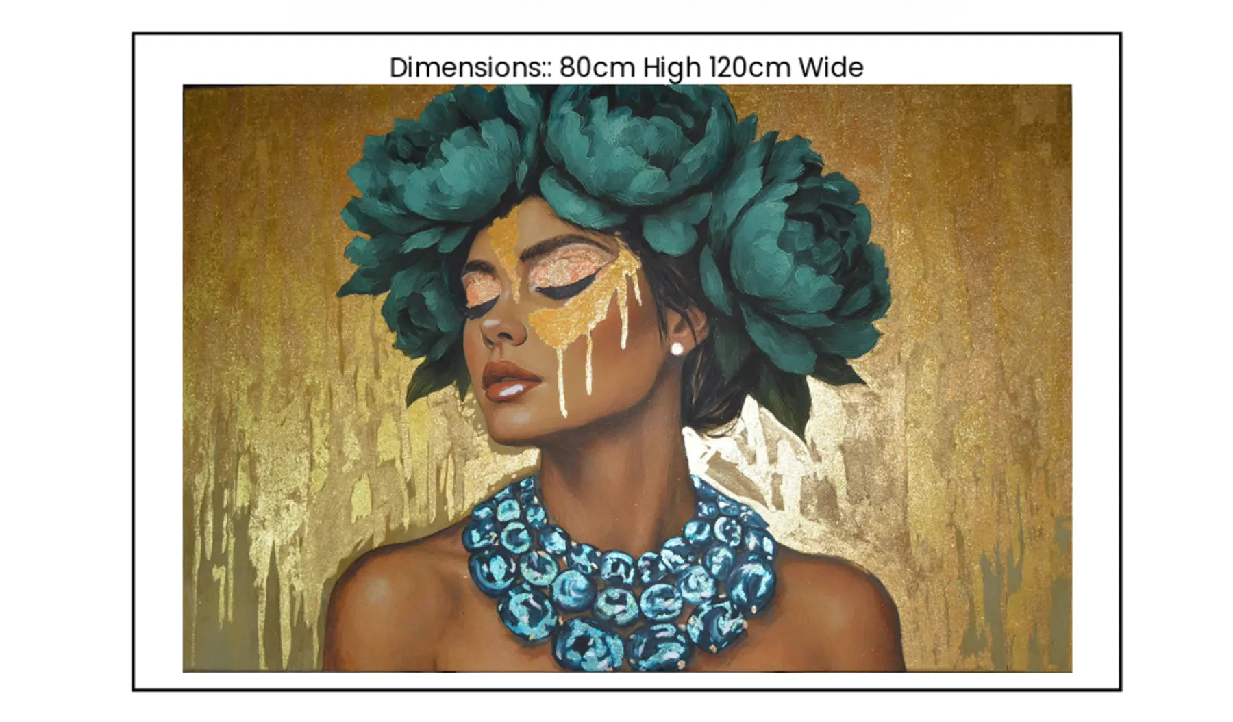 Azulina Glow original gold leaf painting of a glamorous woman with teal floral headpiece and blue necklace on a gold foil background with size and dimensions guide for this artwork.