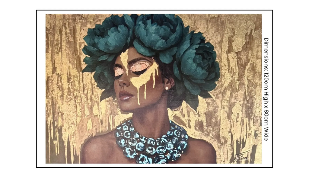 Azulina Glow original painting – floral couture portrait with gold leaf detailing and teal accents.