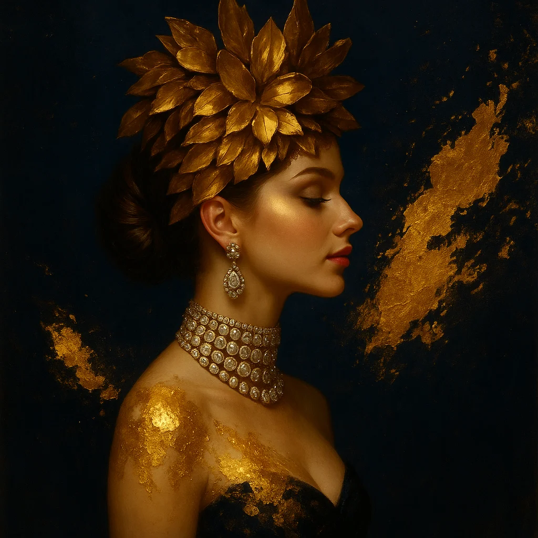 Original couture portrait featuring a jeweled gold choker and ornate gold headpiece with hand-applied detailing