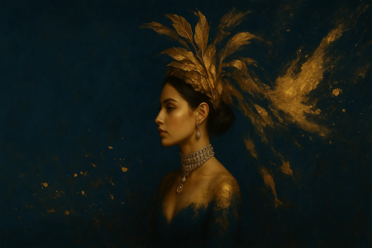 Luxury original painting of a woman with a gold feathered headdress against a dark background